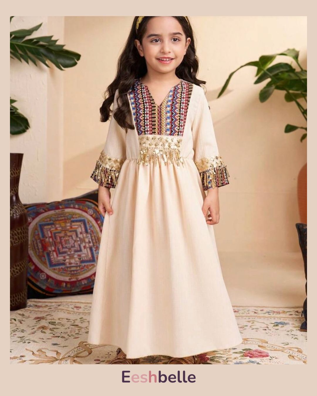 Apricot Long Sleeve Totem Retro Print Dress