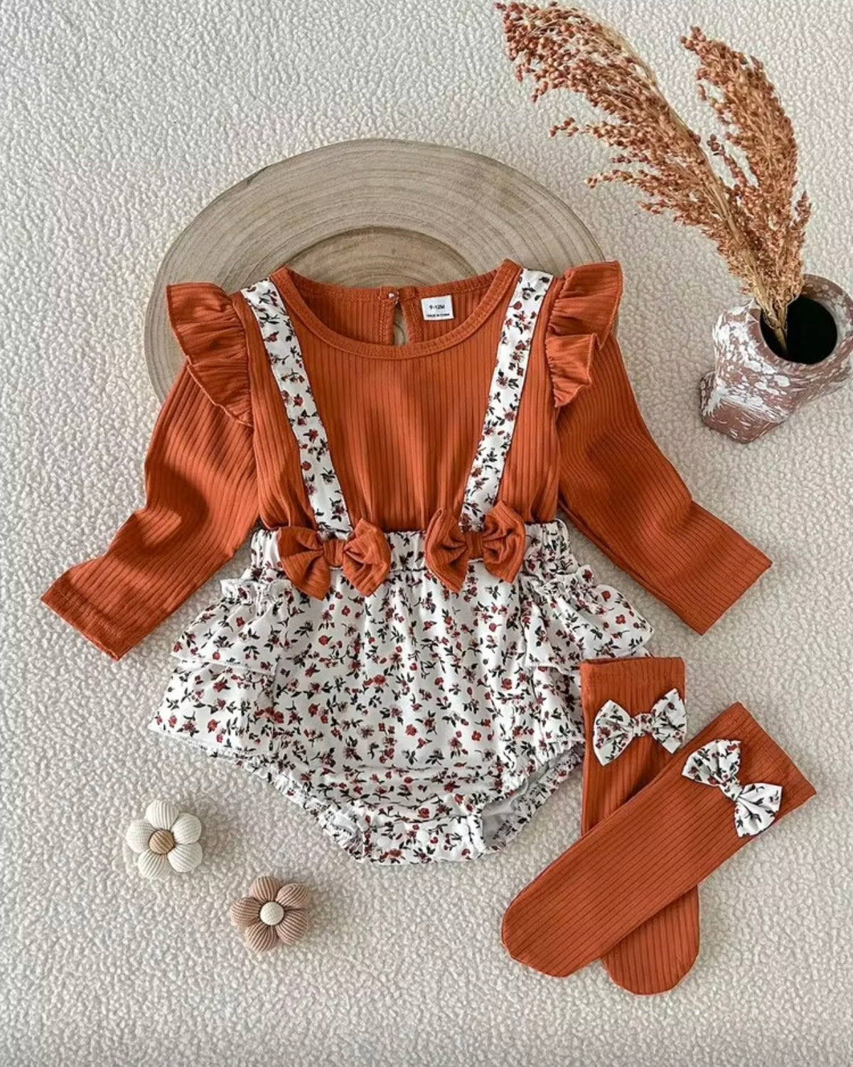 2-Piece Baby Girls’ Rust Brown Floral Romper & Socks Set