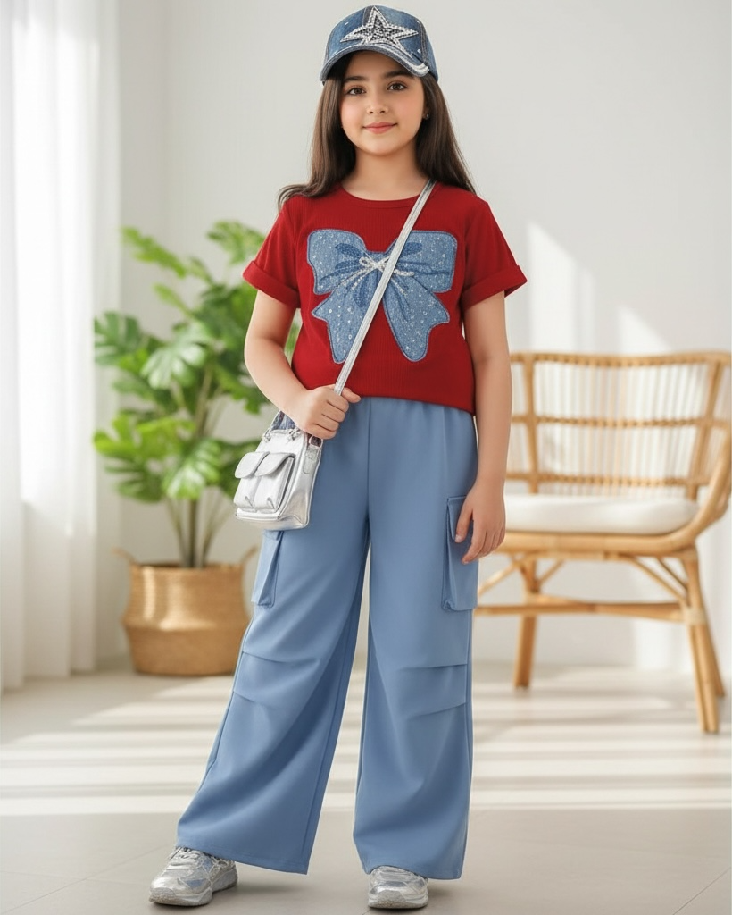 Tween Girls Blue Bow Graphic Red T-Shirt & Cargo Pants Set