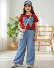Tween Girls Blue Bow Graphic Red T-Shirt & Cargo Pants Set