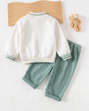 2pcs Baby Boy Bear Knit Pullover Sweatshirt & Sea Green Winter Pants