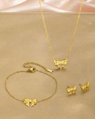3pcs Elegant Stainless Steel Special Bow Pendant Necklace, Bracelet And Earrings Set