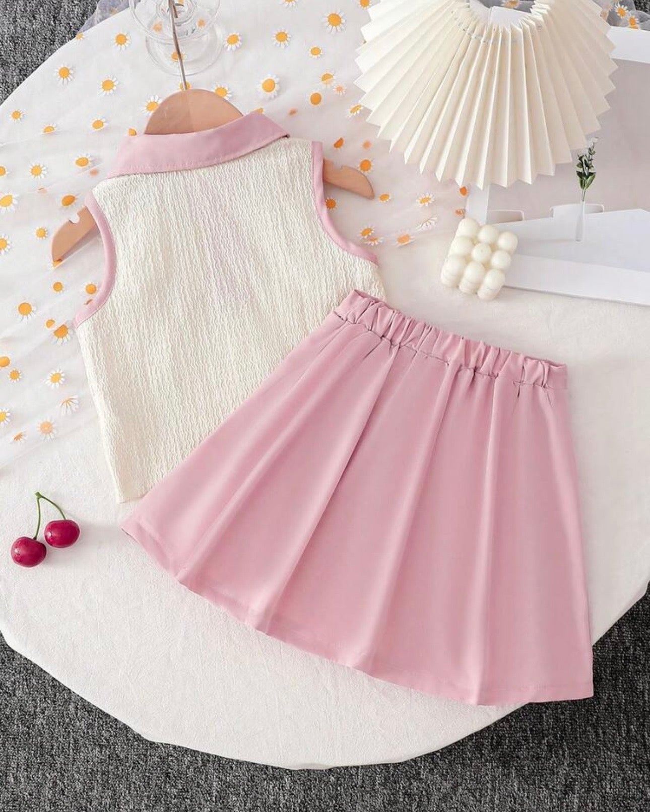 Cherry Patch Beige Polo Collar Top & Pink Skirt Set