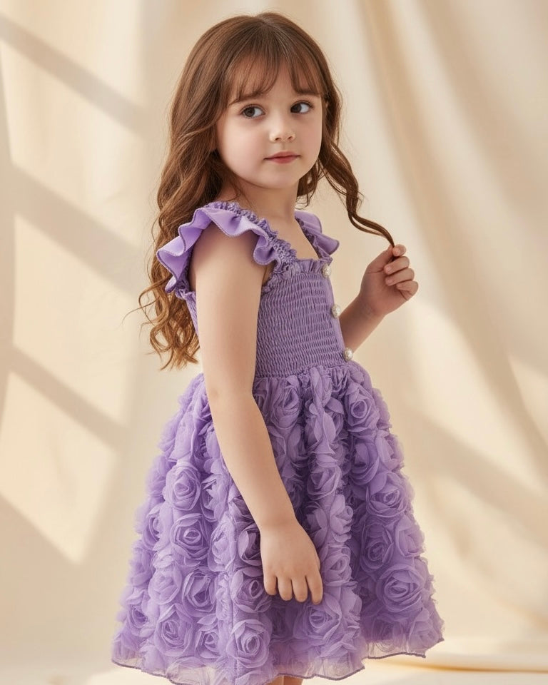 Floral Patchwork Summer Dress – Purple Colour Faux Shirred Cap Sleeve Dress