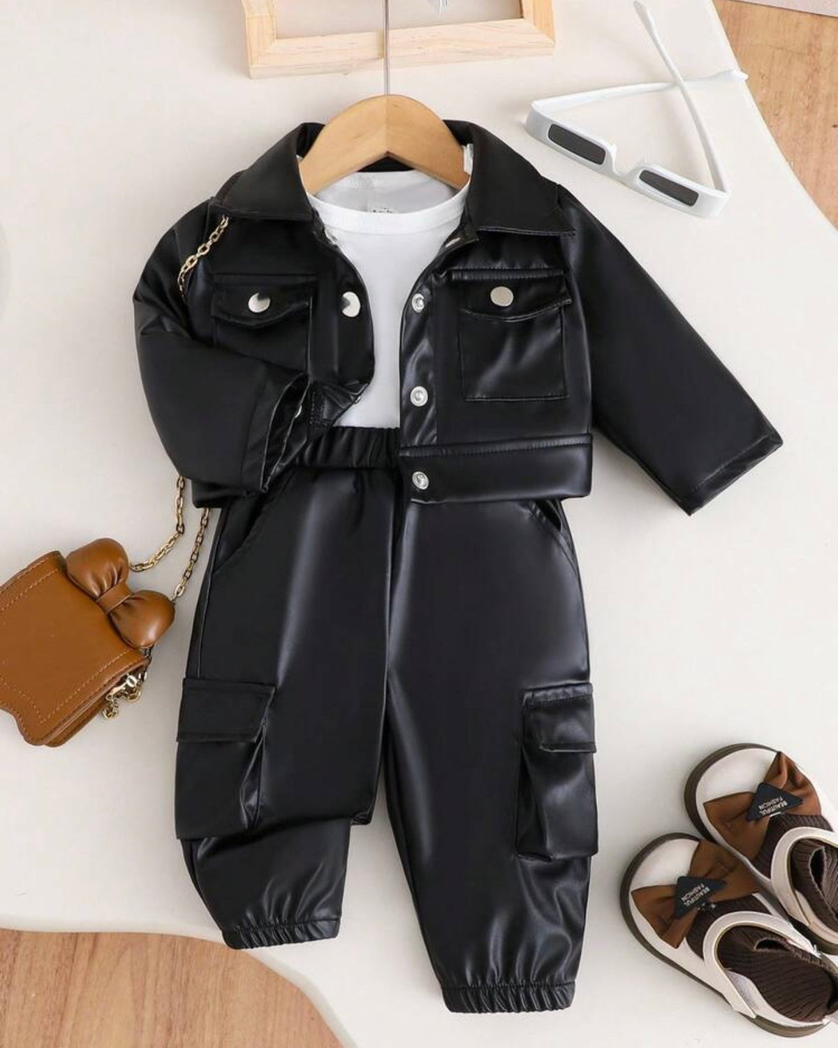 Baby Girl 3-Piece Black & White Grunge Outfit Set – Graphic Jacket, Top & Pants