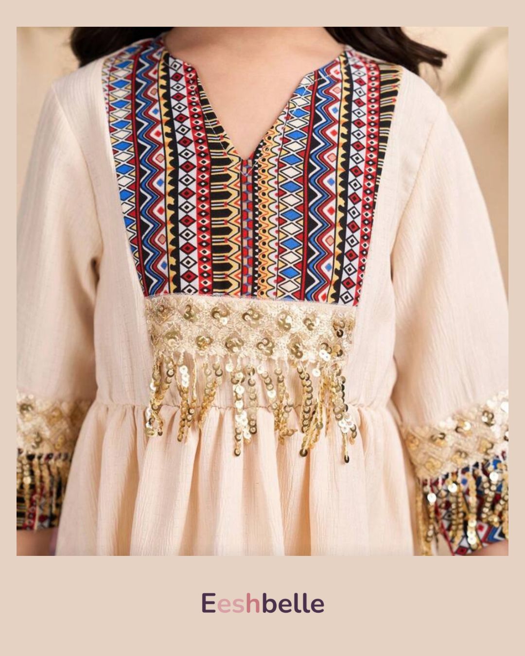 Apricot Long Sleeve Totem Retro Print Dress