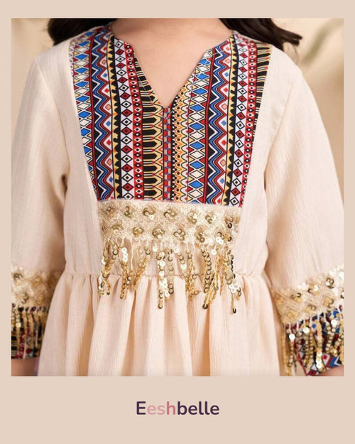 Apricot Long Sleeve Totem Retro Print Dress