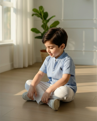 2pc Boys Blue and White Textured Shirt & Trouser Set