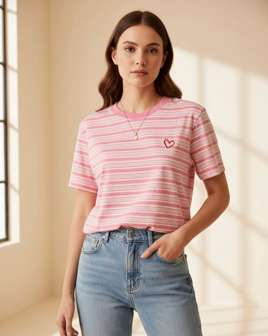 Pink Striped Digital Print & Heart Embroidery Regular Crew Neck T-Shirt