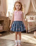 Girls’ Pink Polo Knit Top & Light Blue Heart Print Denim Skirt