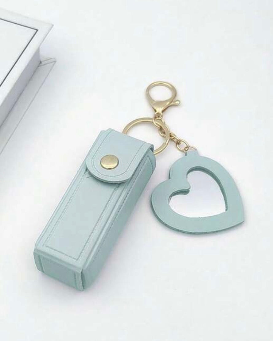Leather Portable Mini Lipstick Case With Mirror & Keychain
