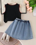 Girls Cherry Embroidered Top & Frilled Denim Skirt Set (3 Colours)