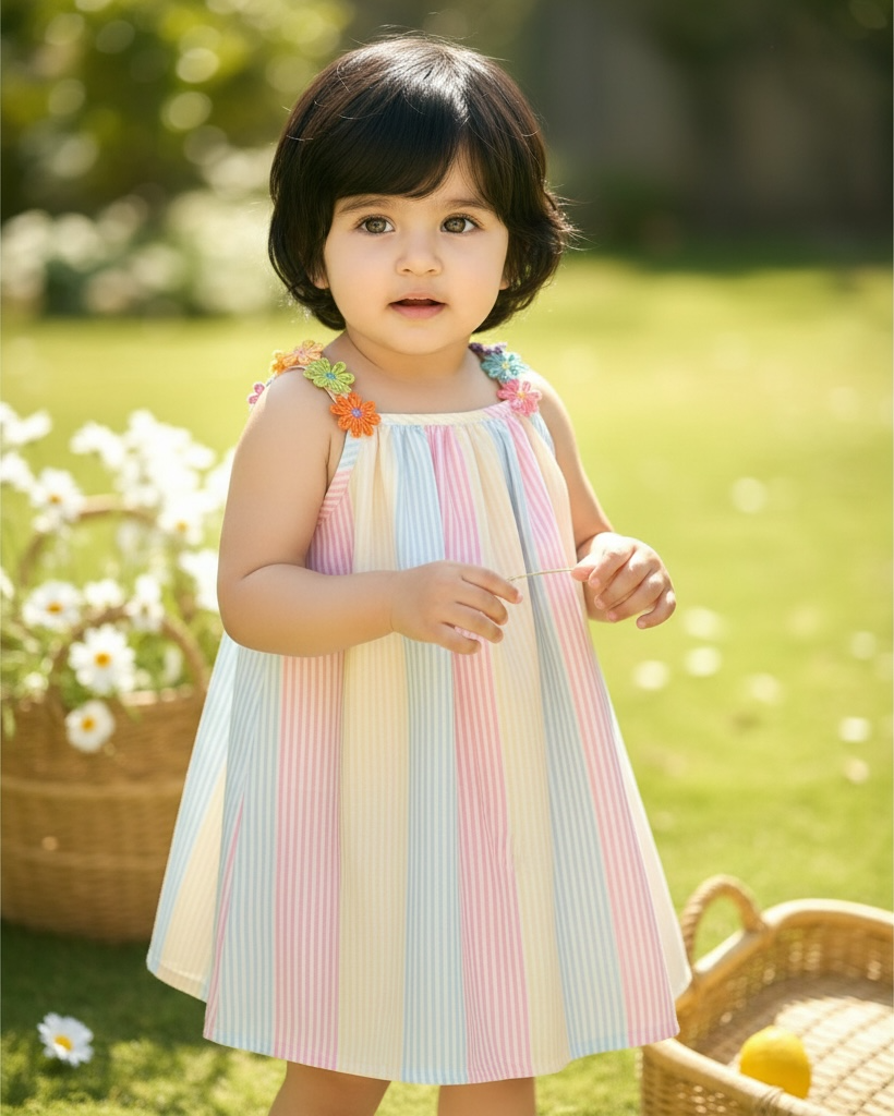 Baby Girls’ Pastel Colors  Ribbon Patchwork Striped A-Line Dress