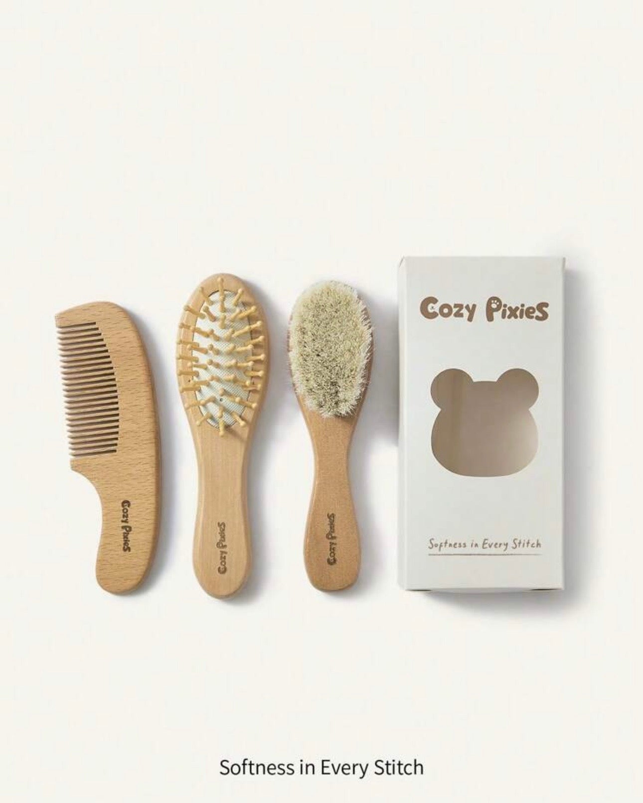 3-Piece Baby Grooming & Care Set – Wooden Wool Brush & Comb
