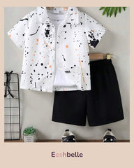 Boy Casual Summer Set: Splash-Ink Print Short Sleeve Polo Shirt + Black Shorts
