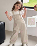 Girls Bow Embroidered Beige Denim Overalls – Cotton Straight Leg Jumpsuit