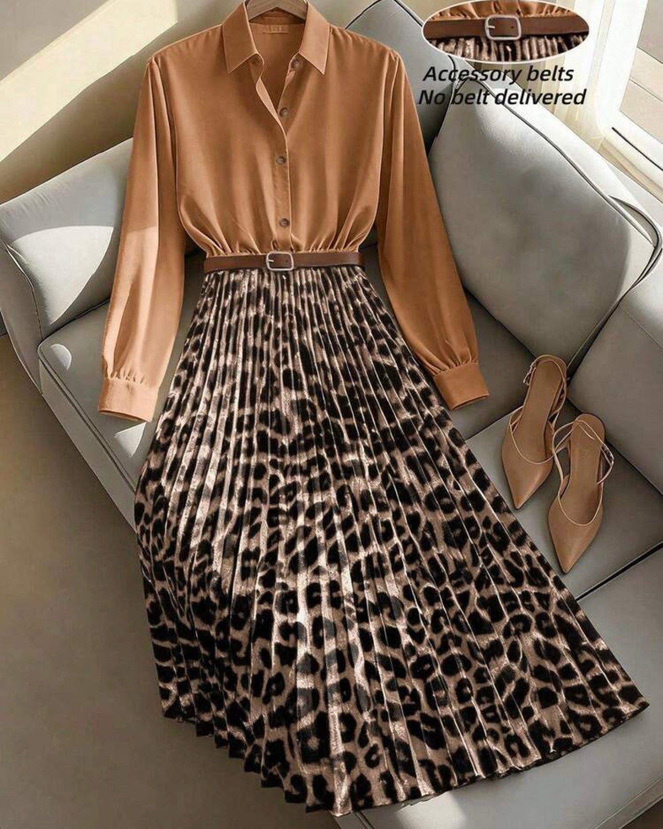 Women's Elegant Waist Cinched Slim Fit Leopard Print Pleated Flare Maxi Dress