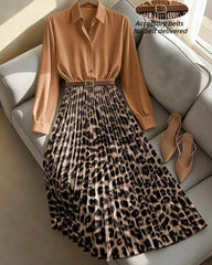 Women's Elegant Waist Cinched Slim Fit Leopard Print Pleated Flare Maxi Dress