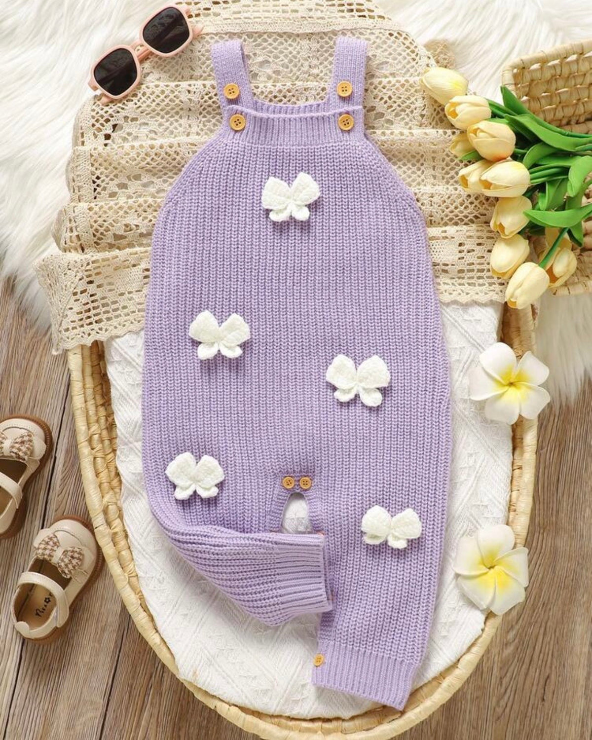 Baby Girl Purple 3D Bow Decor Knitted Strap Jumpsuit
