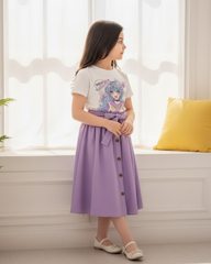 Cartoon Printed Purple Short Sleeve T-Shirt And Elastic Waist Skirt