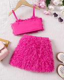 Girls Pink Plush Tank Top & Skirt Set