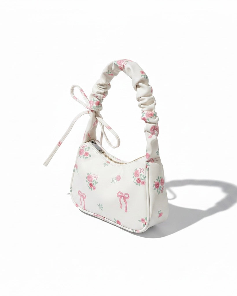 White Floral Bow Print Shoulder Bag