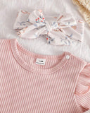 3pcs New Born Pink Girls Ribbed Romper, Pants and Headband