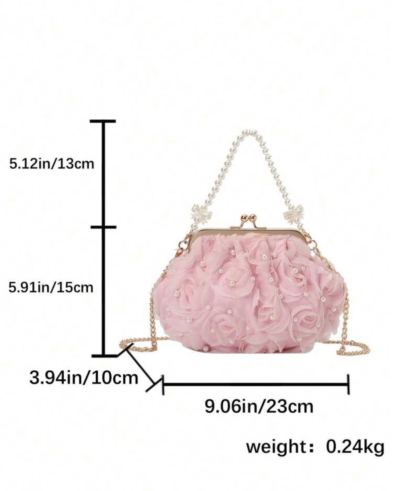 Pink Net Flower & White Pearl Clutch with Pearl Handle