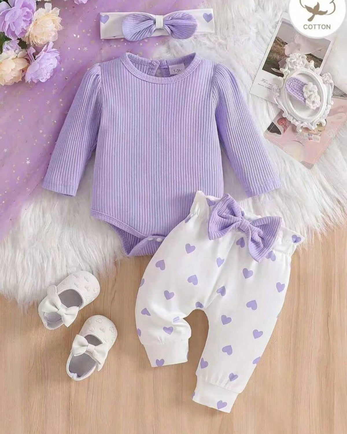 3pcs New Born Mauve Purple Girls Ribbed Romper, Pants and Headband