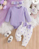 3pcs New Born Mauve Purple Girls Ribbed Romper, Pants and Headband
