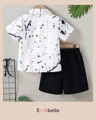 Boy Casual Summer Set: Splash-Ink Print Short Sleeve Polo Shirt + Black Shorts