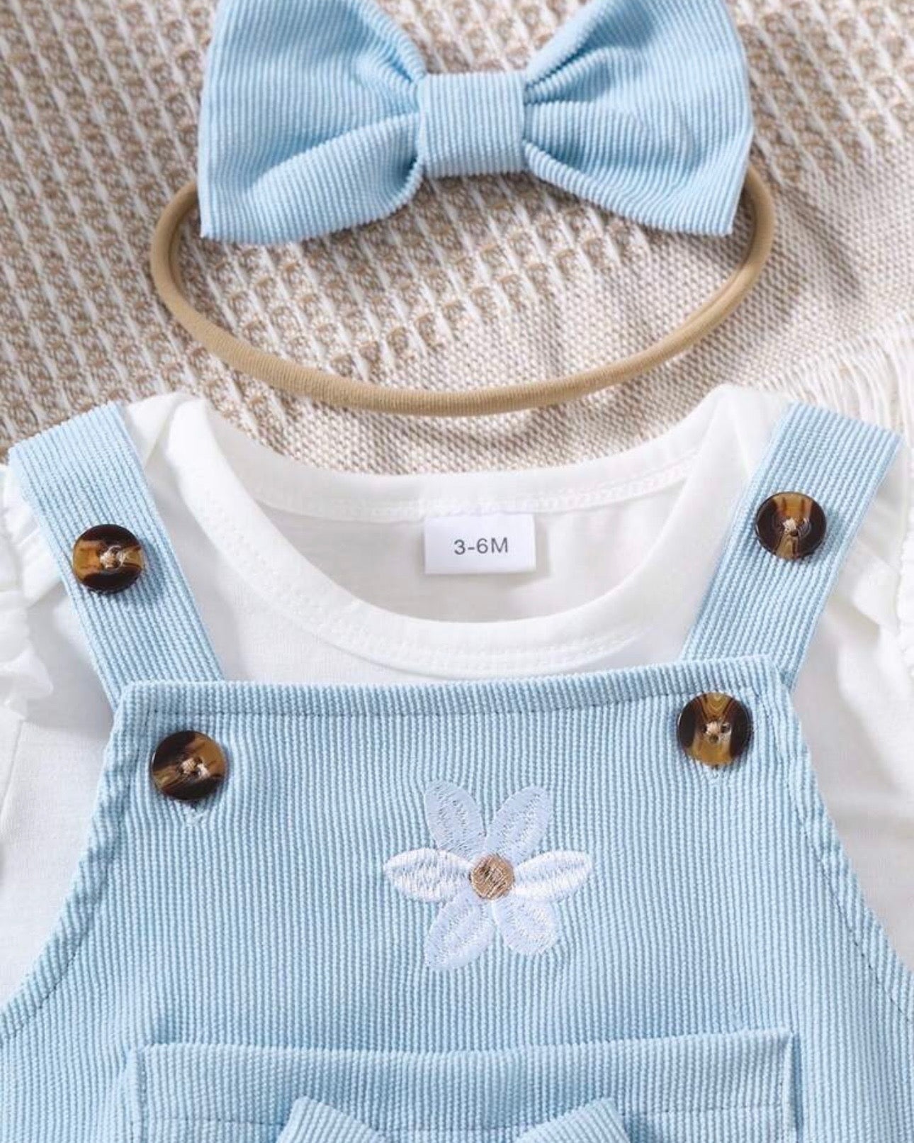 Baby Girls 3pc Set- Cap Sleeve Bodysuit + Blue Suspender Skirt + scrunchie