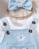 Baby Girls 3pc Set- Cap Sleeve Bodysuit + Blue Suspender Skirt + scrunchie