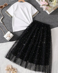 2pcs Tween Girl Beaded Decor Round Neck Short Sleeve T-Shirt And Black Elegant Mesh Sequin Skirt