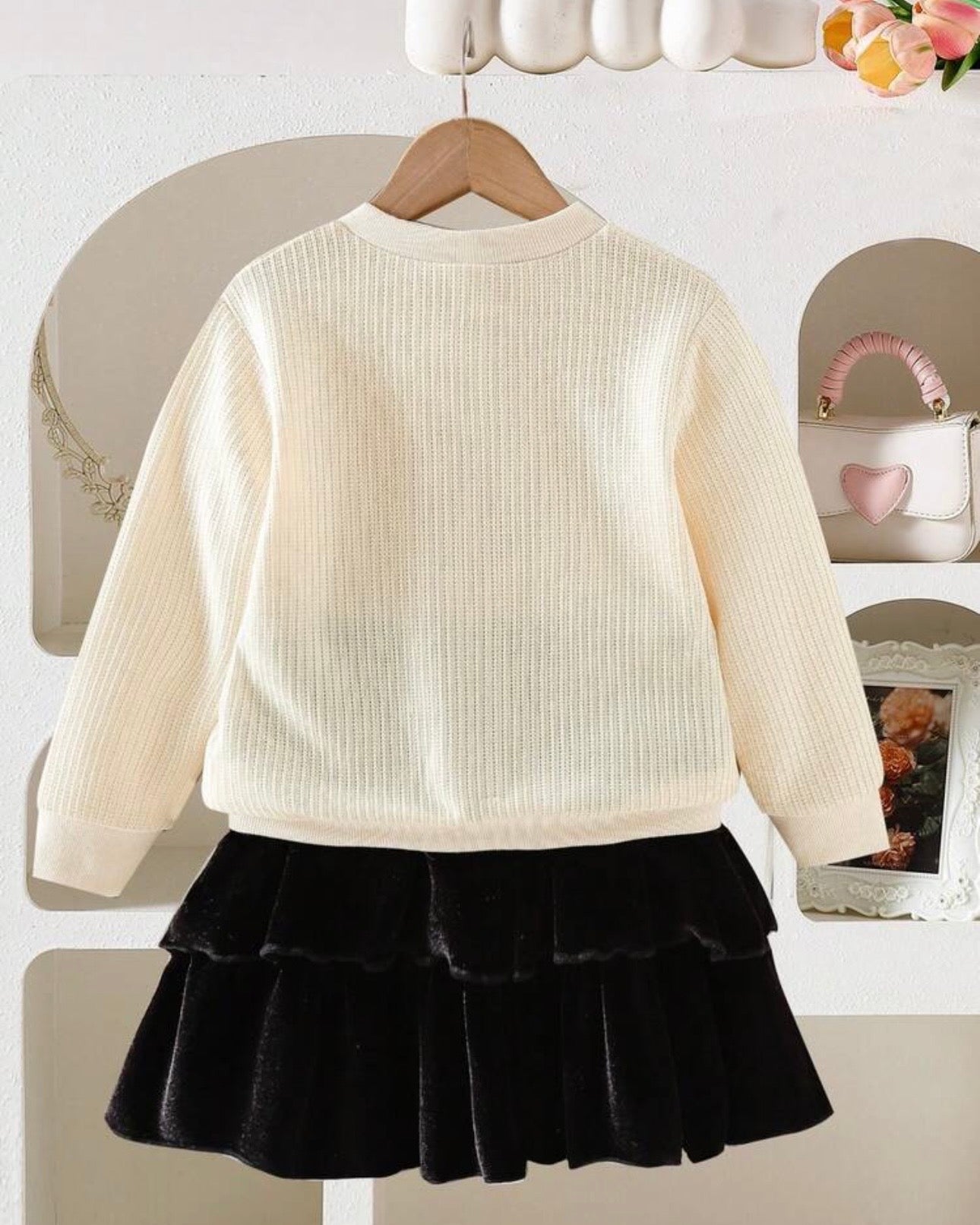 Girls Bow Decor Round Neck Long Sleeve Apricot Cardigan And Skirt