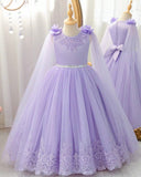 Girls’ Elegant Purple Sequin Princess Dress with 3D Floral Shawl