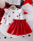 Baby Girl White Long Sleeve Top With Heart Print & Red Skirt