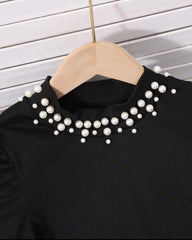 Tween Girl 2Pcs Outfit – Black & White Faux Pearl Top & Floral Ruffle Skirt Set