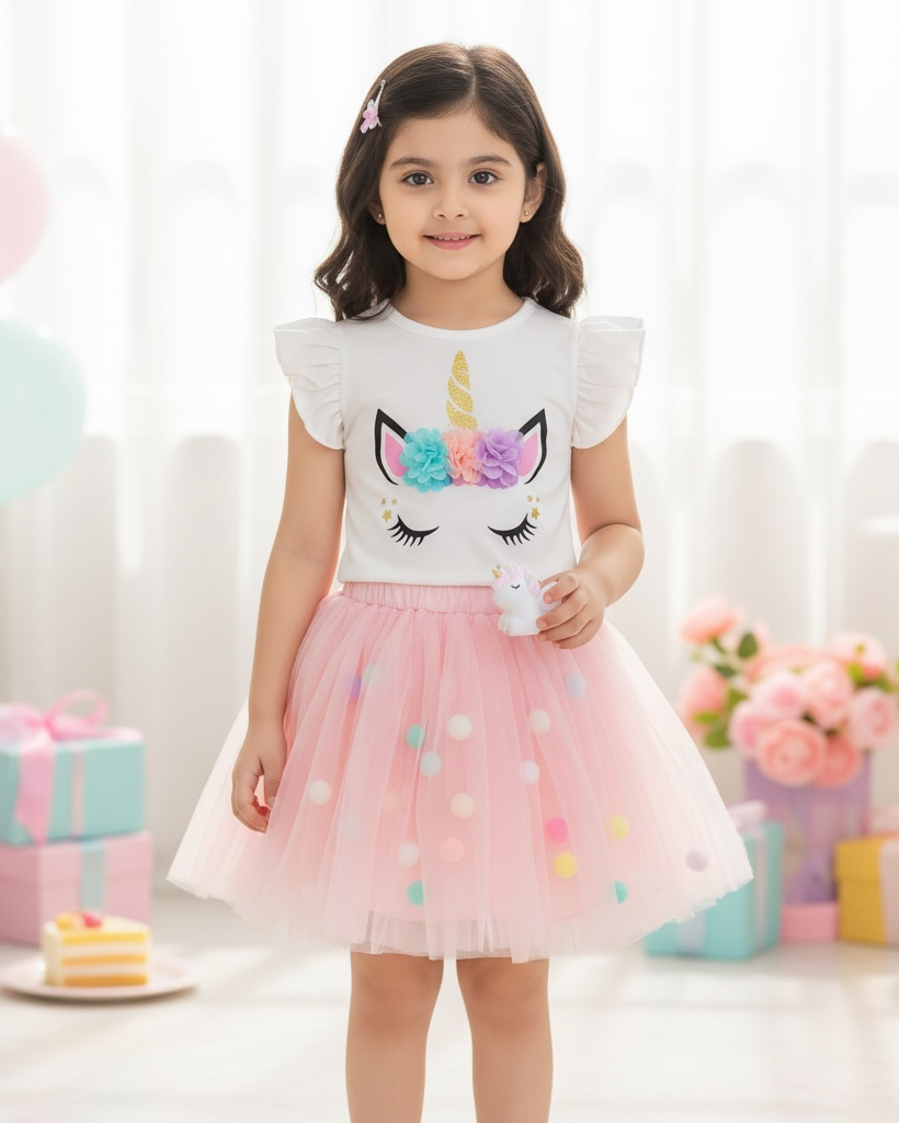 Girls Pink 3D Unicorn Cap Sleeve T-Shirt & Mesh Skirt 2-Piece Set