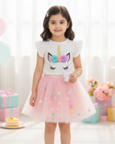 Girls Pink 3D Unicorn Cap Sleeve T-Shirt & Mesh Skirt 2-Piece Set