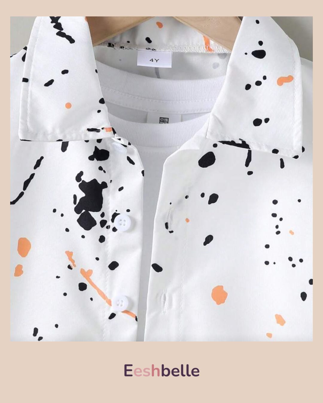 Boy Casual Summer Set: Splash-Ink Print Short Sleeve Polo Shirt + Black Shorts