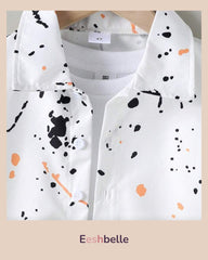 Boy Casual Summer Set: Splash-Ink Print Short Sleeve Polo Shirt + Black Shorts