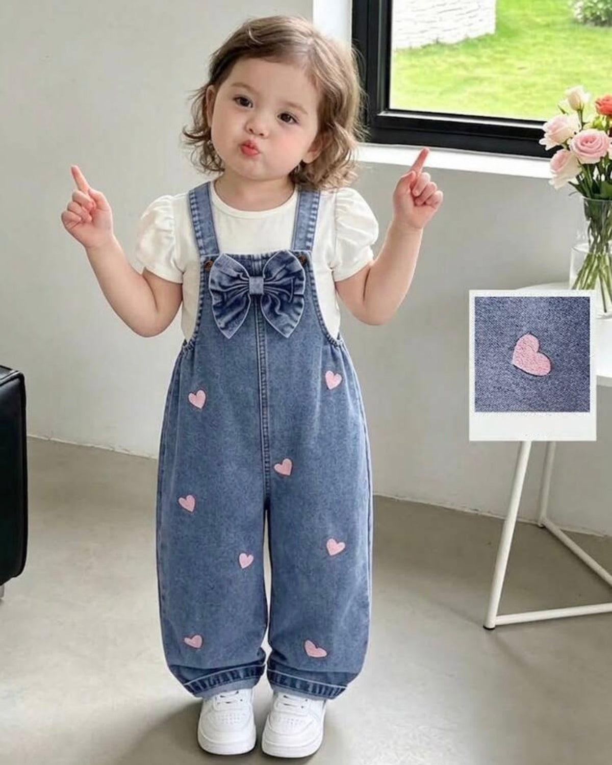 Girls Pink And White Heart Embroidered Denim Jumpsuit