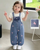 Girls Pink And White Heart Embroidered Denim Jumpsuit