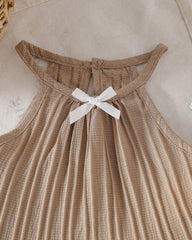 2pcs Baby Girls' khaki colour Spaghetti Strap Camisole Top With 3D Bow Decor Straight Leg Pants Set