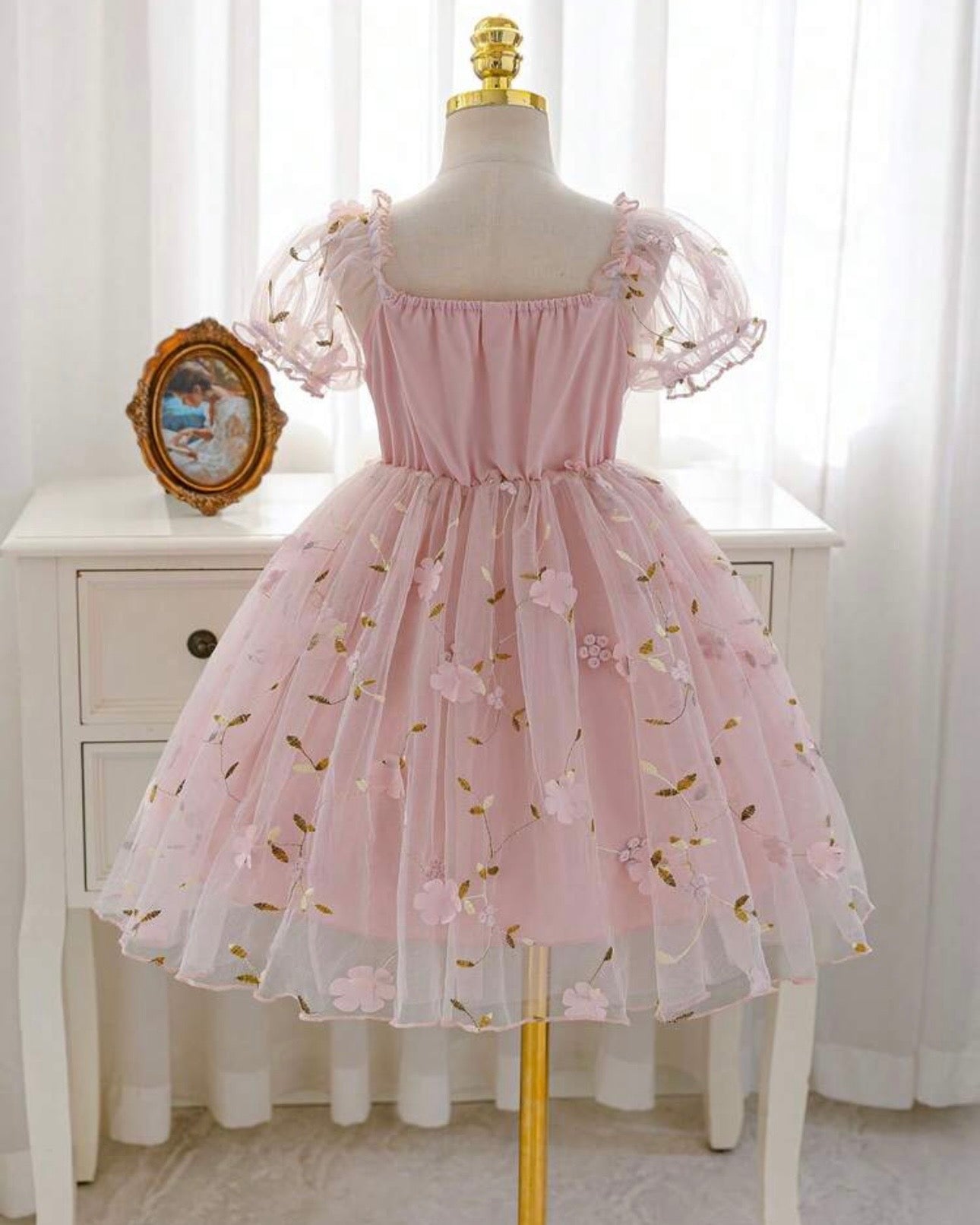 Pink Puff Sleeve Formal Party Tulle Dress with Cinched Waist