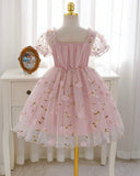 Pink Puff Sleeve Formal Party Tulle Dress with Cinched Waist