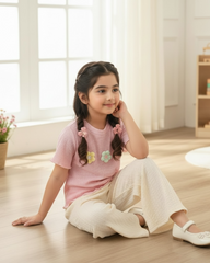 Girls Pink 3D Floral Textured T-Shirt & Pants Set – 2pcs Casual Outfit