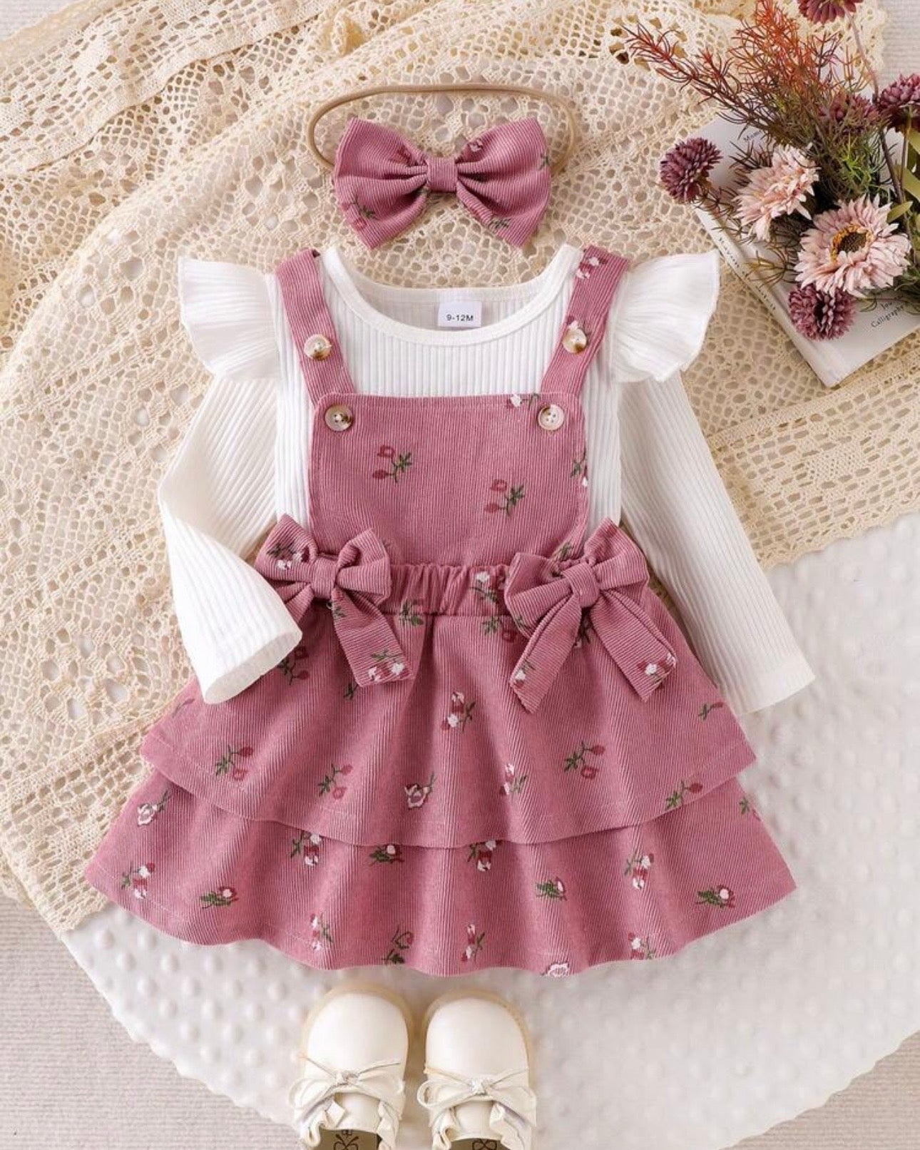 3-Piece Baby Girl  Pink Floral Ruffle Suspender Dress with Top & Bow Headband