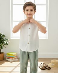 Young Boys 2-Piece Shirt & Green Striped Pants Set